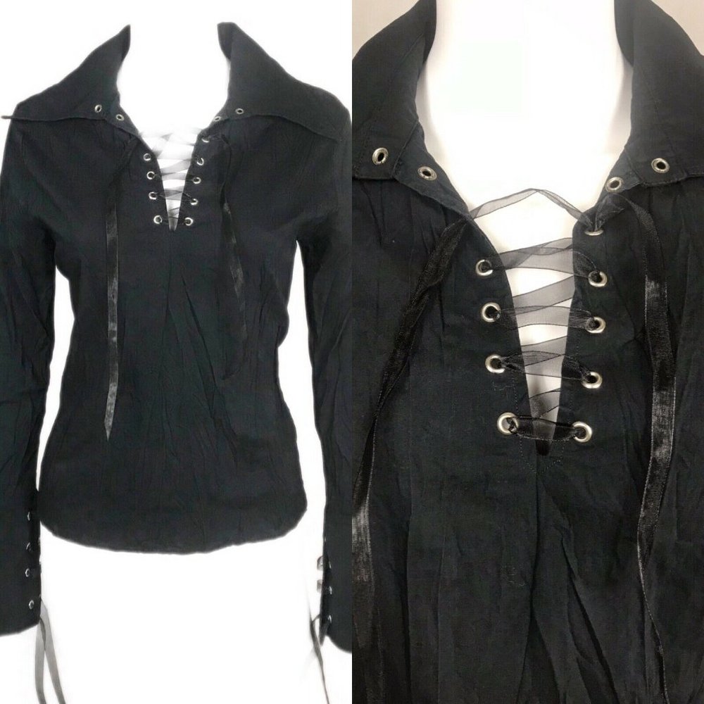 Storm M Top Blouse Black Drawstring V Neck Sleeves